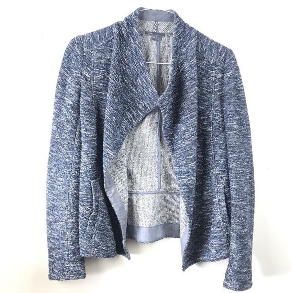 Vince Draped Open Front Cascade Tweed Jacket Marled Blazer Cardigan M Gray - Picture 6 of 8
